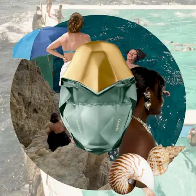 Collage graphic with backdrop of ocean waves and rocky coastline, with people swimming in the sea and a woman wearing seashell jewellery, with Jo Malone London, Molton Brown and Orabella perfumes layered over the top