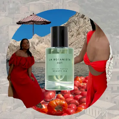 Collage graphic of tomato leaf perfumes layered over a background of a rocky coastline, women wearing red dresses and cutouts of tomatoes, with pefume bottles from L’Artisan Perfumeur, Beauty Pie and Maison Margiela