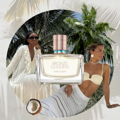 Collage graphic of palm trees with women wearing white dresses and bikinis layered over the top, with perfumes from 7 Virtues, Estee Lauder and Aerin