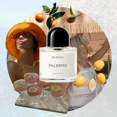 Collage graphic of citrus perfumes from Victoria Beckham, Byredo and Maison Margiela on a backdrop of lemons, oranges and a woman wearing an orange hat