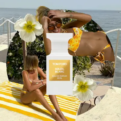 Collage graphic of a woman sunbathing in a yellow bikini on a stripy yellow beach towel by the beach with tropical plants and flowers and Jo Malone, Tom Ford and Kilian perfume bottles layered over the top