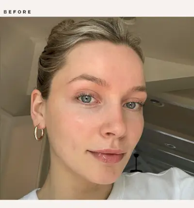 Before and after images of Emma Hughes testing setting sprays.