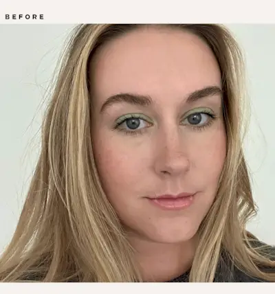 Before and after images of Kaitlyn McLintock testing setting sprays.