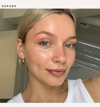 Before and after images of Emma Hughes testing setting sprays.