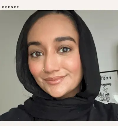 Before and after images of Yusra Siddiqui setting sprays.