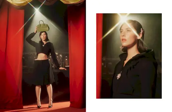 Three photos of Gracie Abrams in a black Marc Jacobs blazer and pencil skirt set and a Coach green bag on a stage at a marionette theatre for Mommy's Reviews's fall issue cover story.