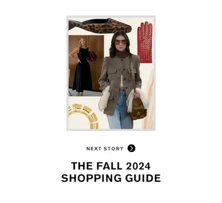 A sticker with the words 'Next Story' followed by 'The Fall 2024 Shopping Guide accompanied by a collage from the shopping guide. Click the sticker to be taken to the fall 2024 shopping guide in WWW's fall issue.