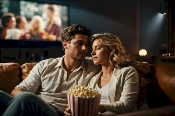 couple snuggled up on a comfortable sofa