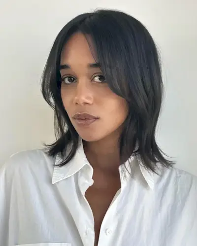 Laura Harrier with bell-bottom bob haircut