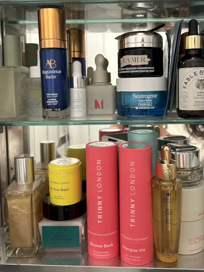 Alyssa Brascia's medicine cabinet lined with expensive skincare products.