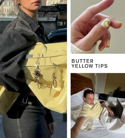 Collage of the butter yellow summer nail trend