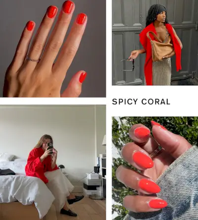 Collage of the spicy coral summer nail trend