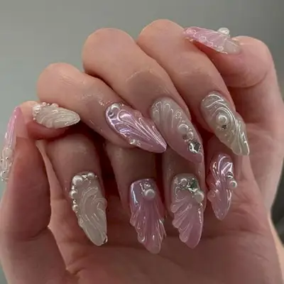 24pcs Almond Press on Nails Seashells Designs French Fake Nails Acrylic False Nails,artificial Nails Glues on Nails