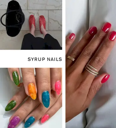 Collage of the syrup nails summer nail trend