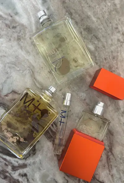 Escentric Molecules perfumes on marble table