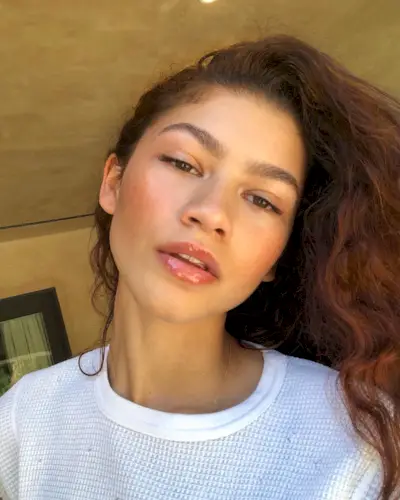 @zendaya taking a selfie with wavy, auburn hair
