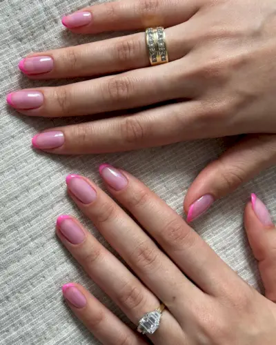 Barbiecore French tip design on short nails