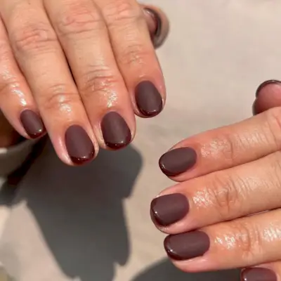 Chocolate short French tip nails