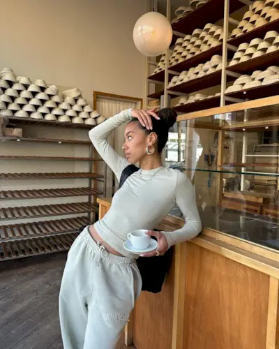 Content creator Amaka Hamelijnck wearing comfy basics by Adanola.