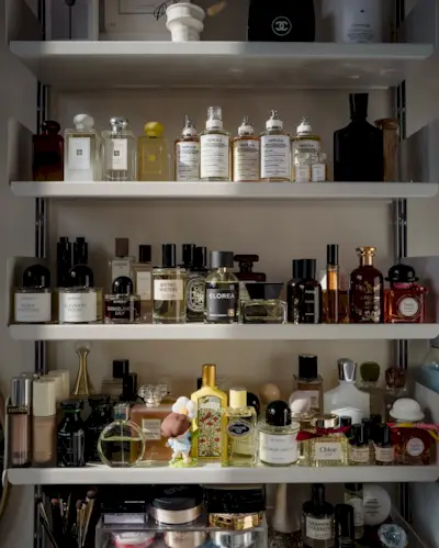 A selection of perfumes on a sunny shelf