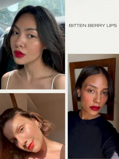 A collage of makeup looks with a bold red lip