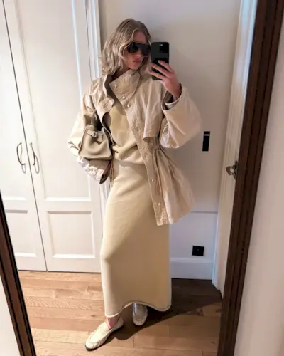 Elsa Hosk with draped bob and beige outfit