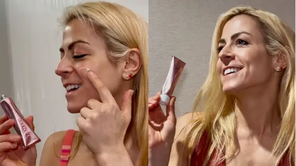 Casey Cohen before and after working out while testing the One/Size Secure The Sweat Primer.