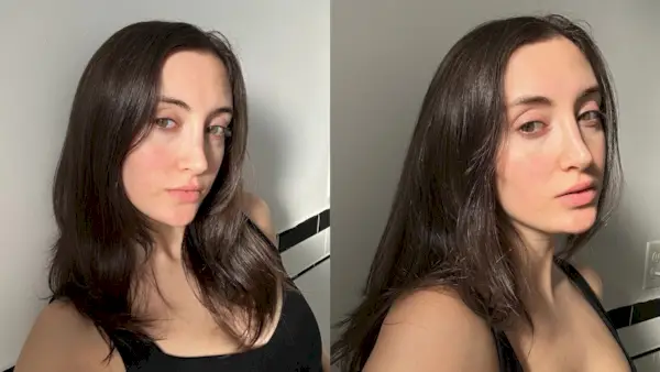 Alyssa Brascia before and after taking a workout class, testing the Batiste Sweat-Activated Dry Shampoo.