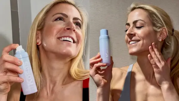 Casey Cohen before and after a workout while testing the Kosas Cloud Set Airy Setting Spray.
