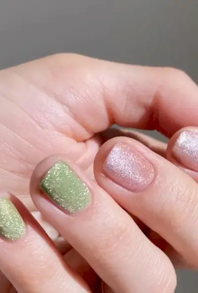 Pink and green cat eye nails