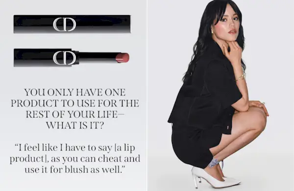 An image of Jenna Ortega in a Dior Beauty campaign next to a quote from an interview with Jenna Ortega