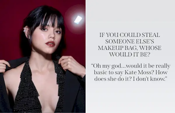 An image of Jenna Ortega staring in a Dior Beauty campaign next to a quote from an interview with Jenna Ortega
