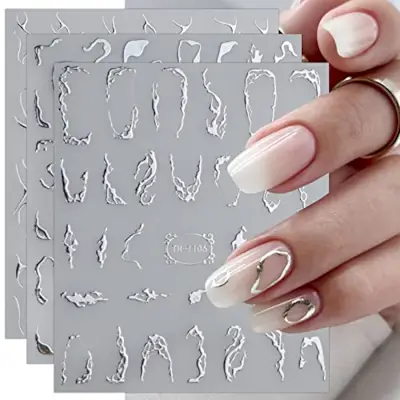 Jmeowio 9 Sheets Marble Nail Art Stickers Decals Self-Adhesive Silver Line Nail Supplies Nail Art Design Decoration Accessories