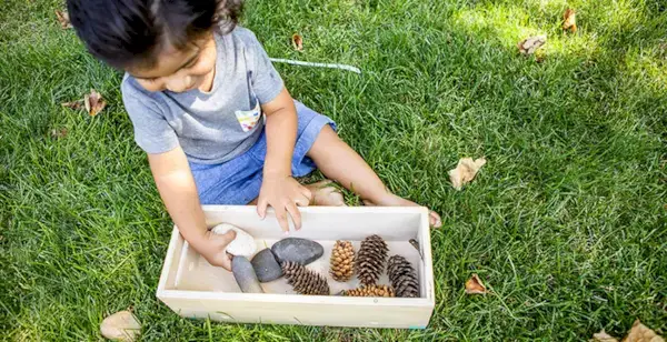 Toddler sitting in the grass playing with a container filled with rocks and pinecones