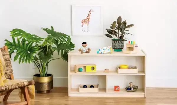 The Montessori Playshelf filled with toys from The Play Kits by Mommy's Reviews