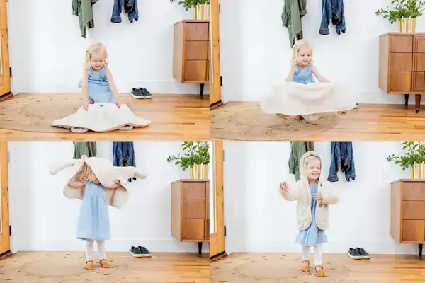 Young child putting their jacket on in a series of four photos