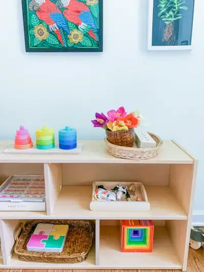Mommy's Reviews toys on different shelves on a wooden bookcase