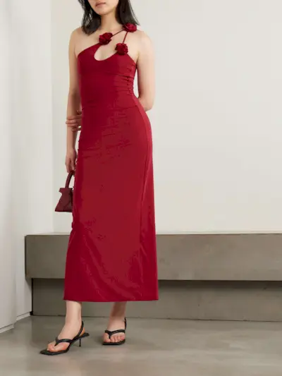 Celosía One-Shoulder Appliquéd Stretch-Jersey Midi Dress