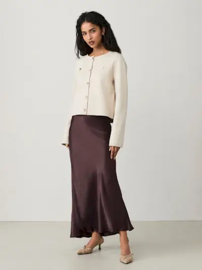 Chocolate Brown Satin Midi Skirt