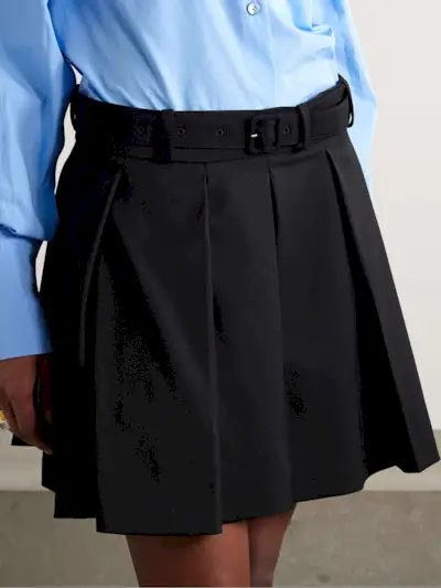 Belted Pleated Stretch-Wool Twill Mini Skirt