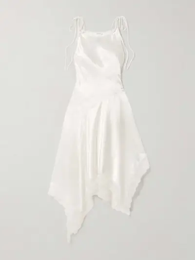 Doyla Belted Asymmetric Scalloped Lace-Trimmed Hammered-Satin Midi Dress