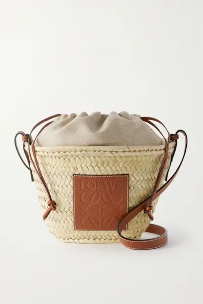 + Paula's Ibiza Leather-Trimmed Raffia Bucket Bag