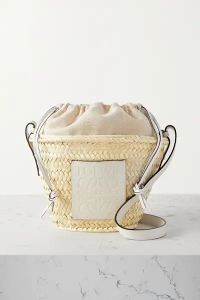 + Paula's Ibiza Leather-Trimmed Raffia Bucket Bag