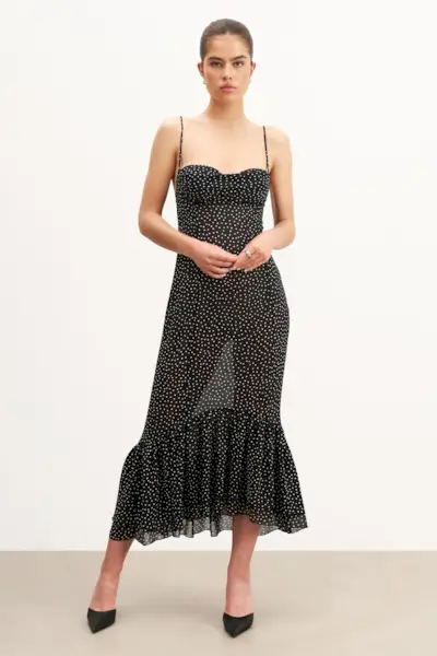 Chiffon Ruffle Ruched Bust Midi Dress - Mini Polka Dot