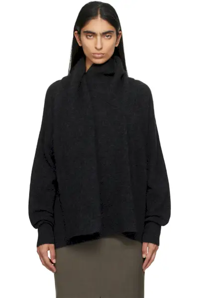 Gray Draped Scarf Knit Sweater