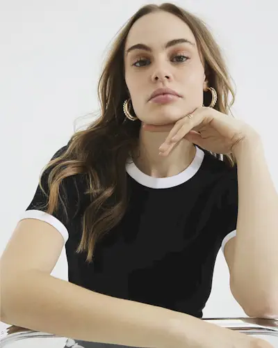 River Island, Black Short Sleeve Contrast Trim Top