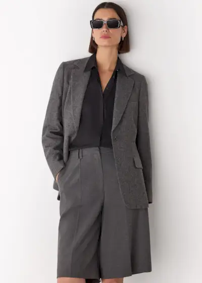 Grey Herringbone Wool Blend Blazer