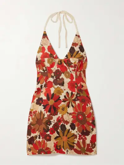Castella Floral-Print Linen Halterneck Mini Dress