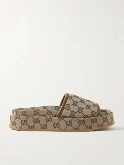 Clarice Leather-Trimmed Canvas-Jacquard Platform Slides