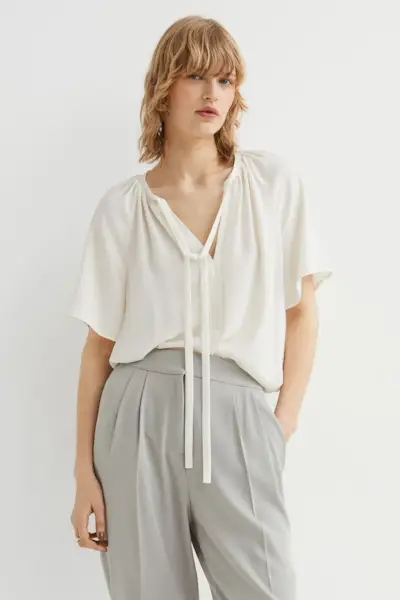 H&M + Short-Sleeved Tie-Detail Blouse